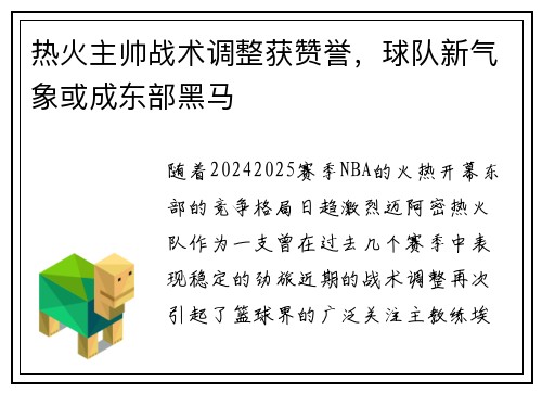 热火主帅战术调整获赞誉，球队新气象或成东部黑马