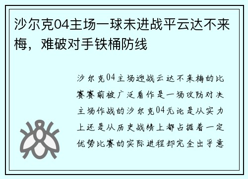 沙尔克04主场一球未进战平云达不来梅，难破对手铁桶防线