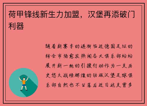 荷甲锋线新生力加盟，汉堡再添破门利器