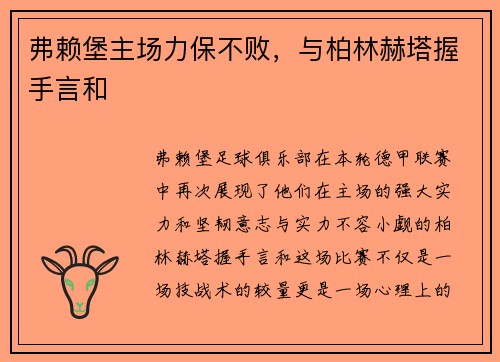 弗赖堡主场力保不败，与柏林赫塔握手言和